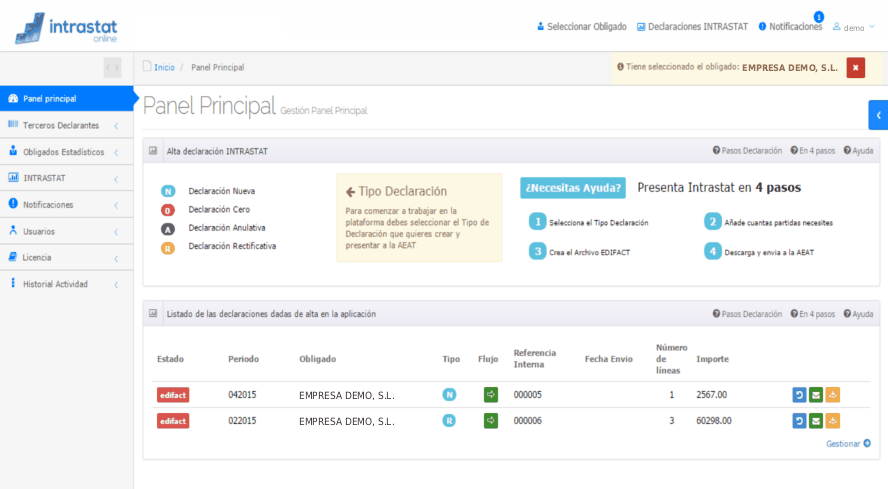 Panel principal de Intrastat Online con los tipos de declaración y el listado de declaraciones de un obligado